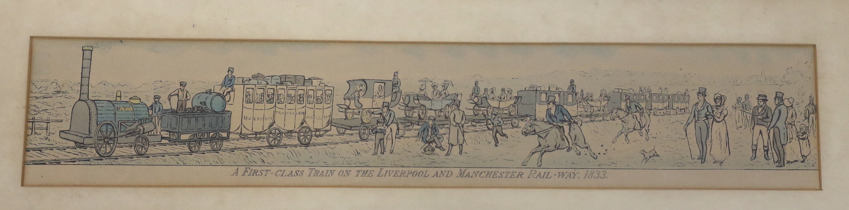 19th century, set of four colour railway lithographs including ‘First class train on the Liverpool and Manchester Railway, 1833’, 9.5 x 52cm